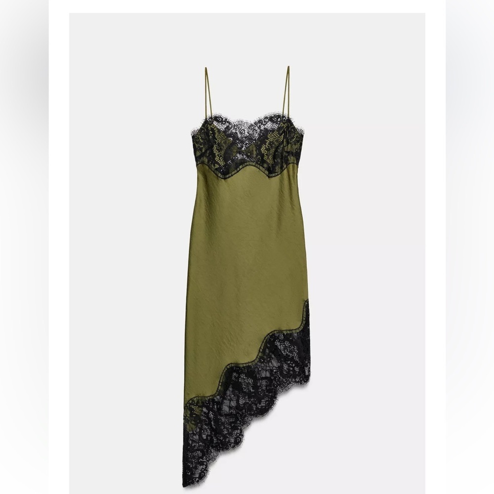 Zara Olive Green Satin Asymmetrical Slip Dress with Black Lace - Picture 11 of 13